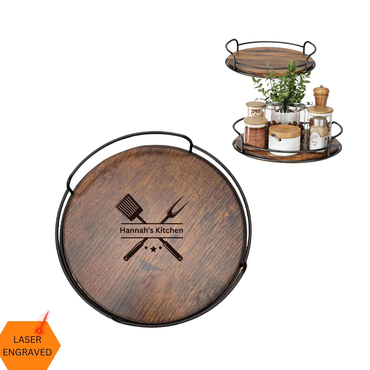 Personalized Rotating Lazy Susan Spice Tray, Custom Walnut Wood Kitchen Organizer, Perfume Tray, Wooden Skincare Organizer, New Home Gift