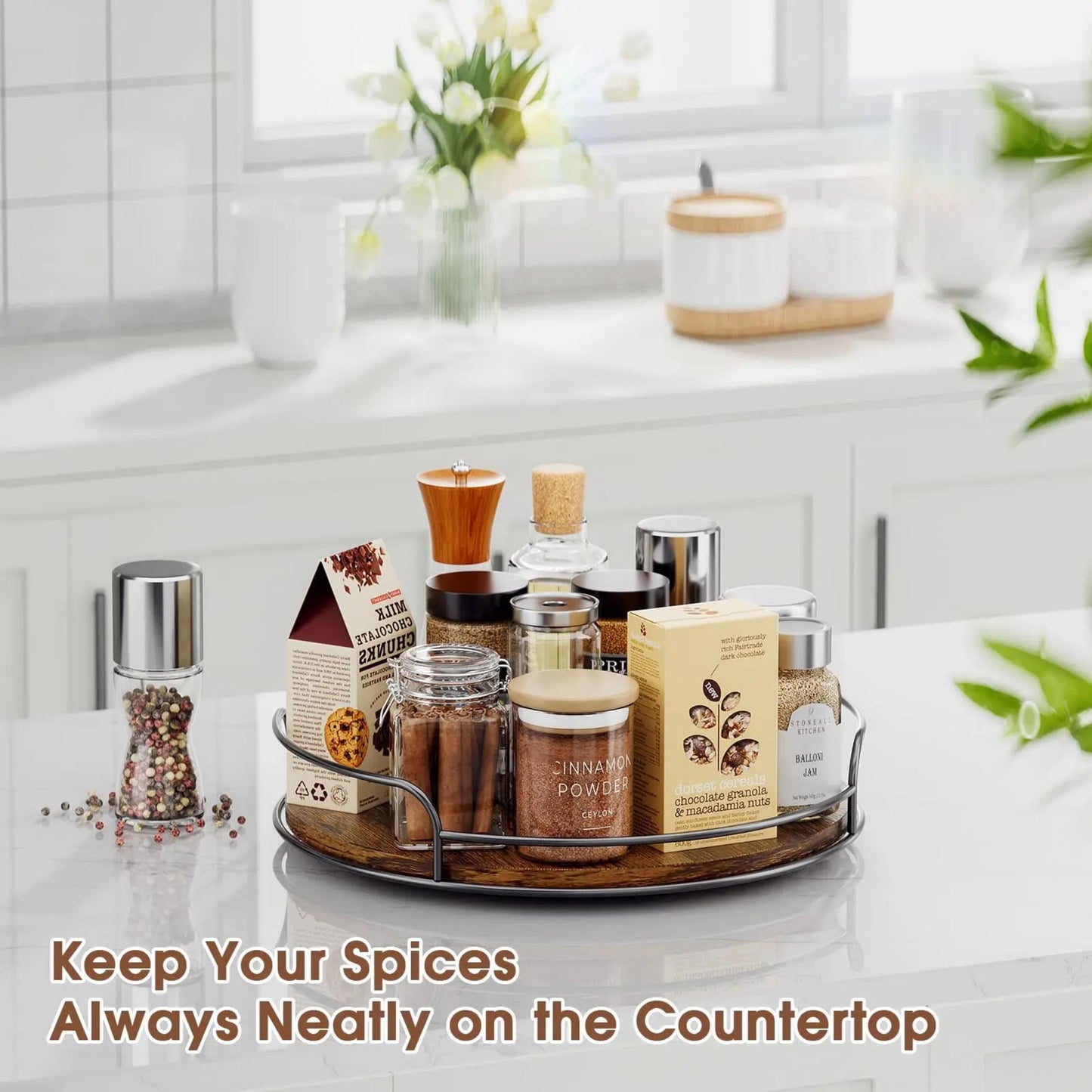 Personalized Rotating Lazy Susan Spice Tray, Custom Walnut Wood Kitchen Organizer, Perfume Tray, Wooden Skincare Organizer, New Home Gift