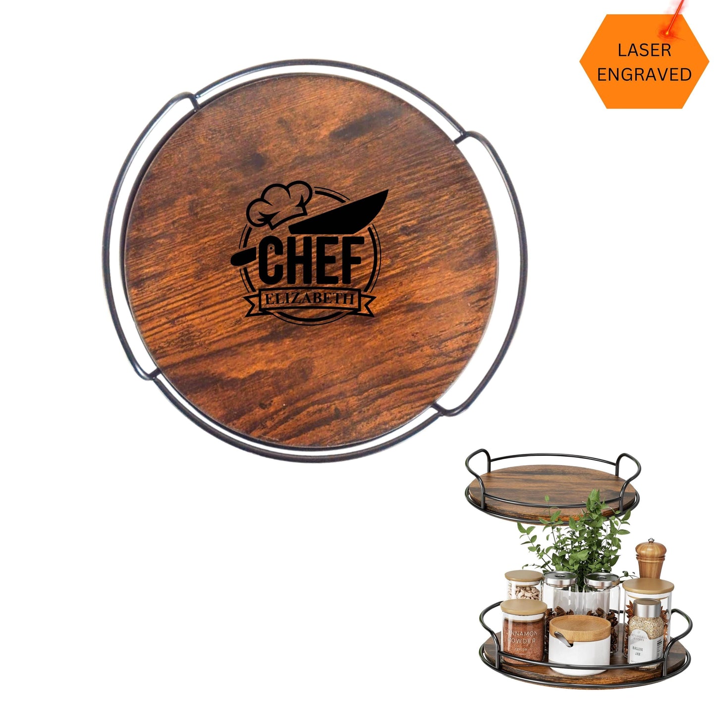 Personalized Rotating Lazy Susan Spice Tray, Custom Walnut Wood Kitchen Organizer, Perfume Tray, Wooden Skincare Organizer, New Home Gift