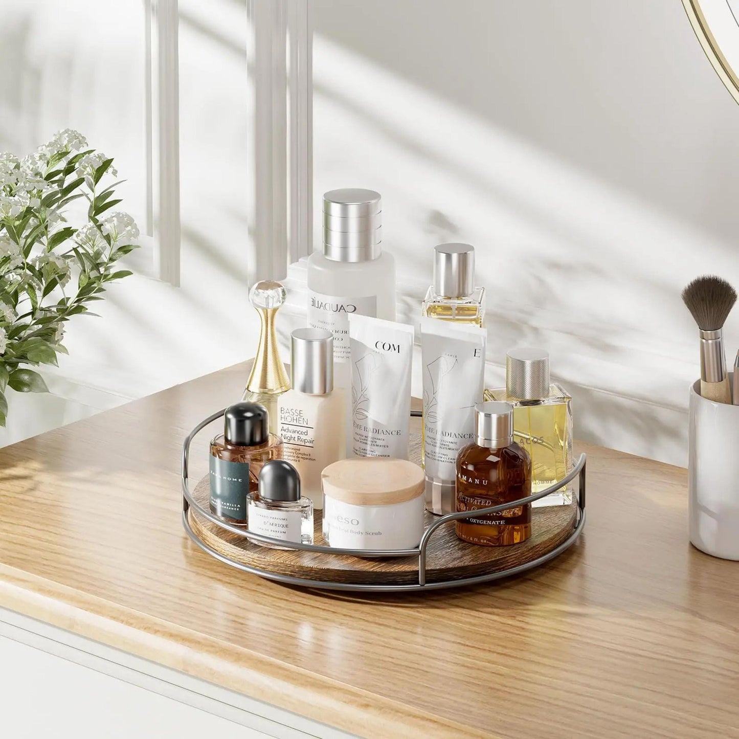 Personalized Rotating Lazy Susan Spice Tray, Custom Walnut Wood Kitchen Organizer, Perfume Tray, Wooden Skincare Organizer, New Home Gift
