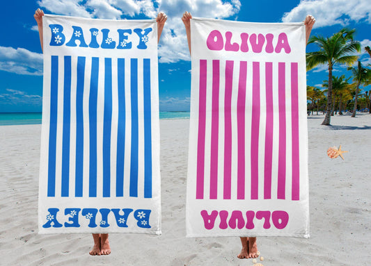Custom Beach Towel, Personalized Striped Beach Towel, Camp Bachelorette Party Gift, Pool Party Towels, Bridesmaid Girls Trip Vacation Gift