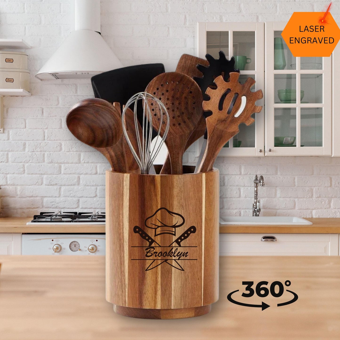 Custom Wooden Utensils Holder, Personalized Rotating Kitchen Utensil Container, Housewarming gift, Acacia Wood Kitchen Decor Organizer