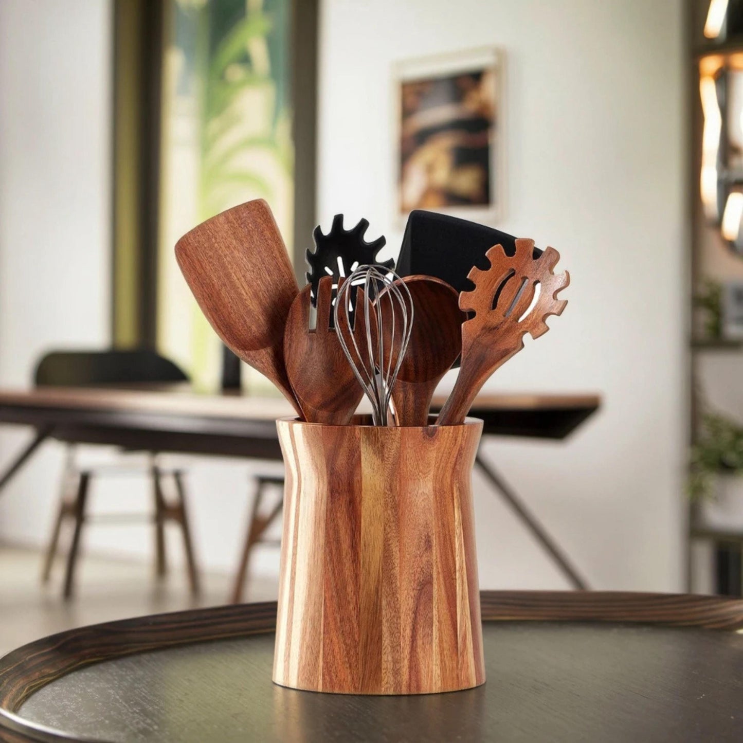 Custom Utensils Holder, Personalized Wooden Kitchen Utensil Crock, Housewarming gift, Acacia Wood Kitchen Decor Organizer