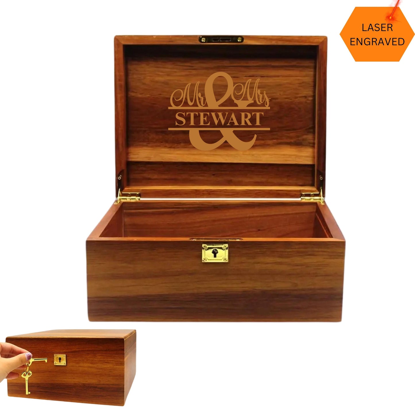 Personalized Wood Storage Box with keys, Custom Engraved Wedding Keepsake Box, Engagement Gift, Memory Box Wedding, Couples Anniversary Gift
