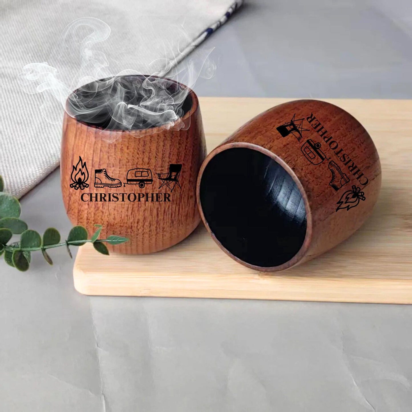 Personalized Camping Whiskey Glass, Charred Wooden Bourbon Glass, Custom Gifts for Travel, 10 oz Wood Whiskey Glass, Camp lover Gift for Him