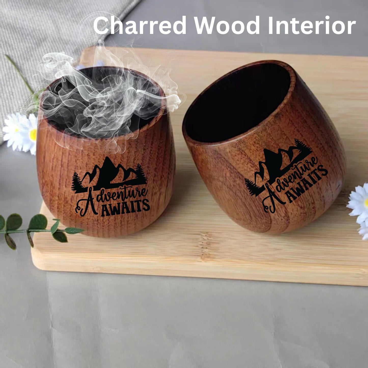Personalized Camping Whiskey Glass, Charred Wooden Bourbon Glass, Custom Gifts for Travel, 10 oz Wood Whiskey Glass, Camp lover Gift for Him