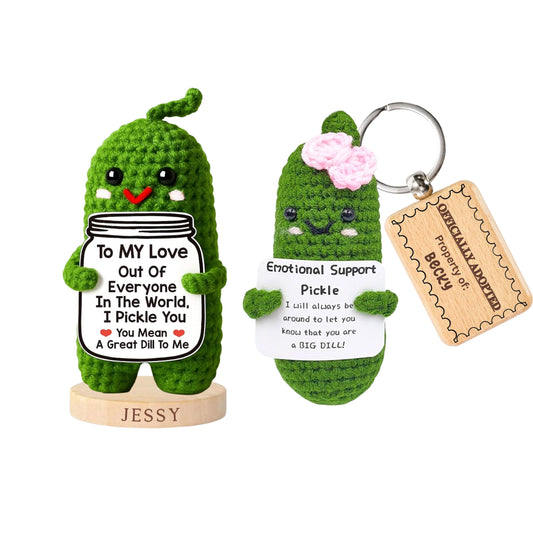 Custom Emotional Support Crochet Pickle Doll with Engraved Stand or Keychain, Funny Gift for Mom, Grandma, Friend, Dad, Son, Daughter