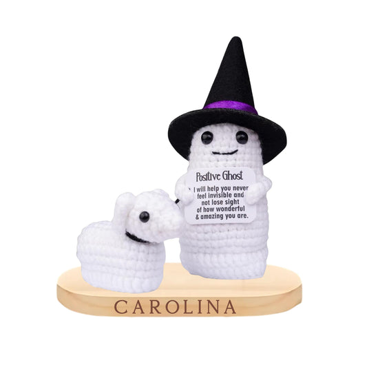 Custom Halloween Emotional Support Crochet Ghost, Spooky Cute Ghost with Personalized Wooden Stand, Spooky Holiday Plush Gift