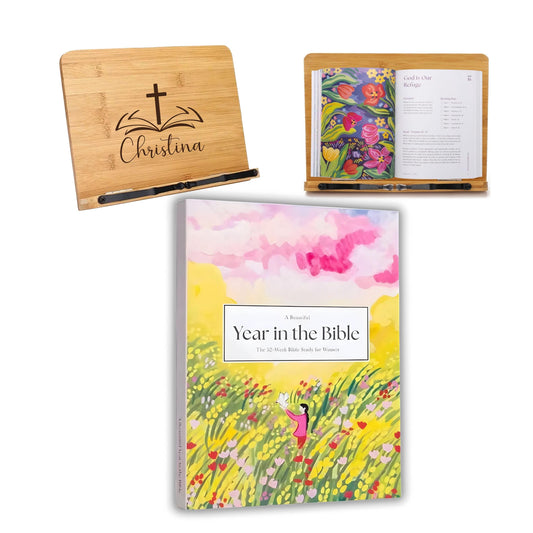 52 Week Bible Study Journal with Custom Wooden Book Stand, Christian Devotional journal, Custom Faith Gift for women, baptism gift easter