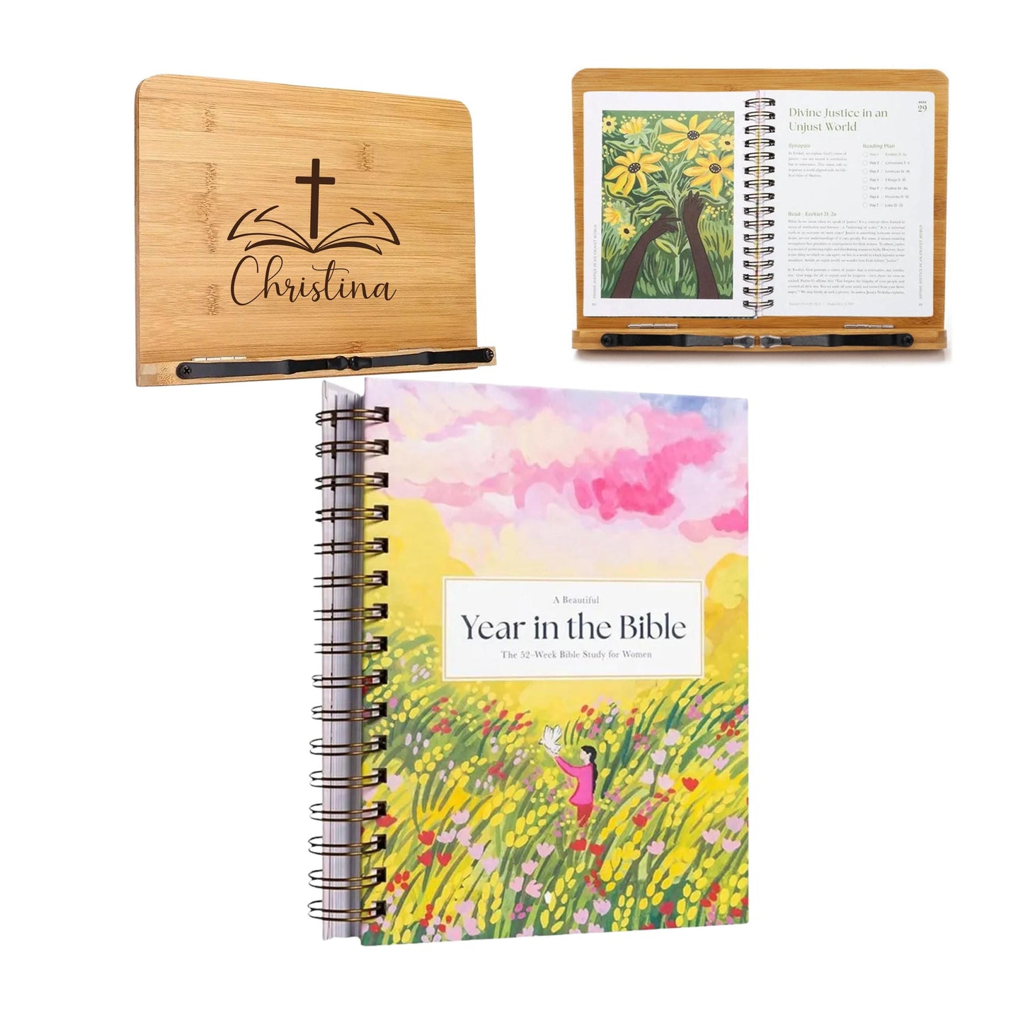 52 Week Bible Study Journal with Custom Wooden Book Stand, Christian Devotional journal, Custom Faith Gift for women, baptism gift easter