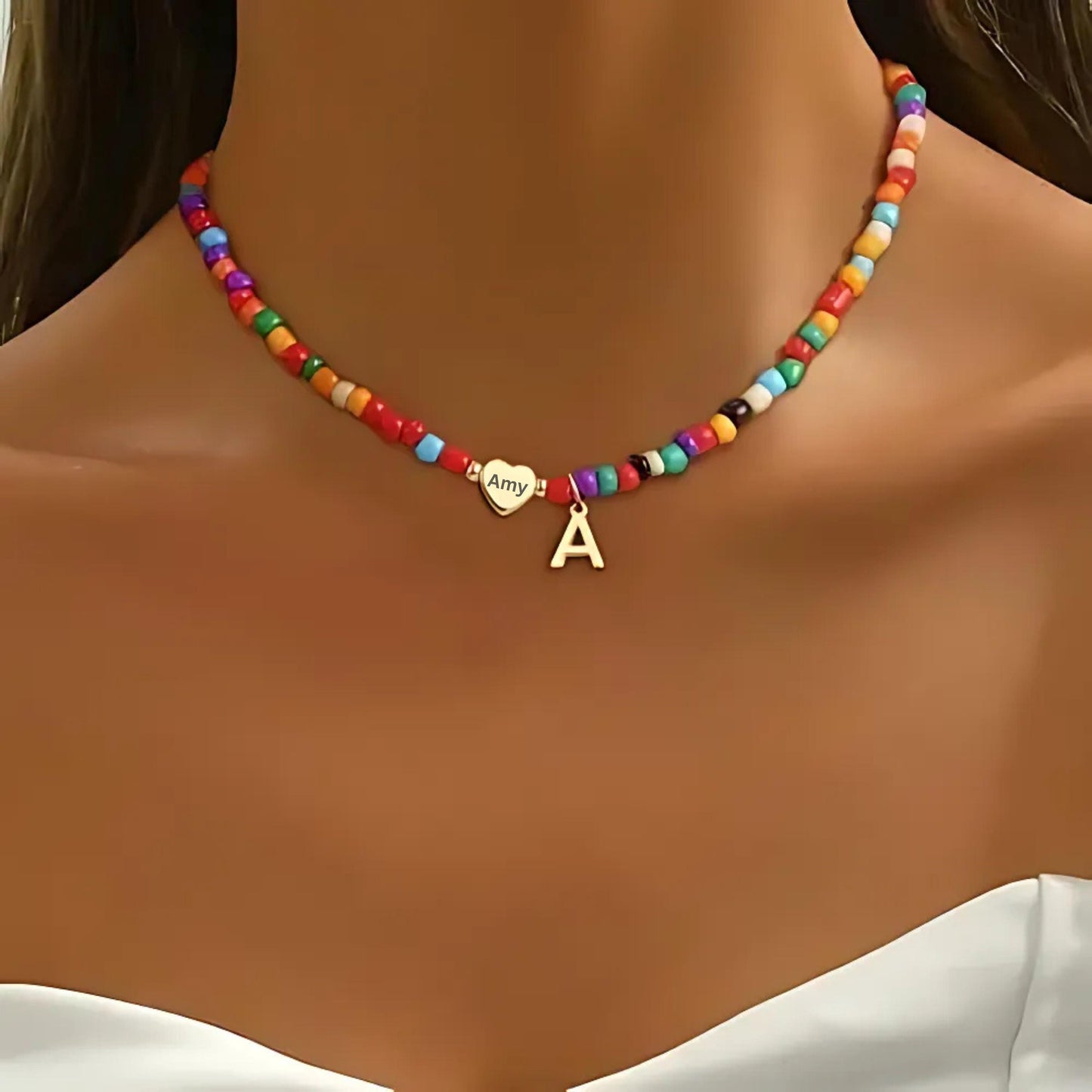 Colorful Beaded Initial Necklace with Engraved Heart Pendant, Custom Name or Date Necklace, Personalized Charm Jewelry, Trendy Gift for Her