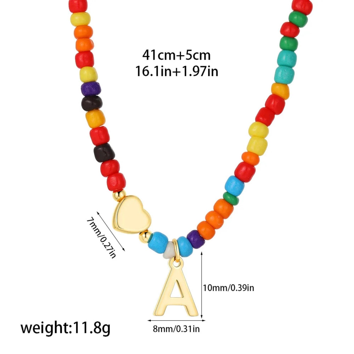 Colorful Beaded Initial Necklace with Engraved Heart Pendant, Custom Name or Date Necklace, Personalized Charm Jewelry, Trendy Gift for Her