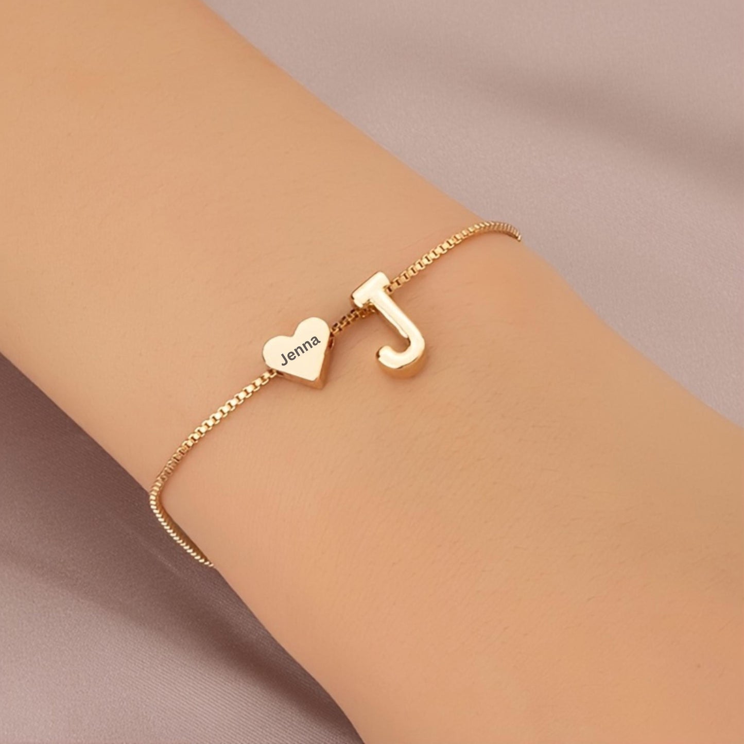 Personalized Initial Bracelet, Custom Initial Charm & Engraved Heart Pendant, Name Bracelet, Dainty Jewelry, Custom Gift for Her