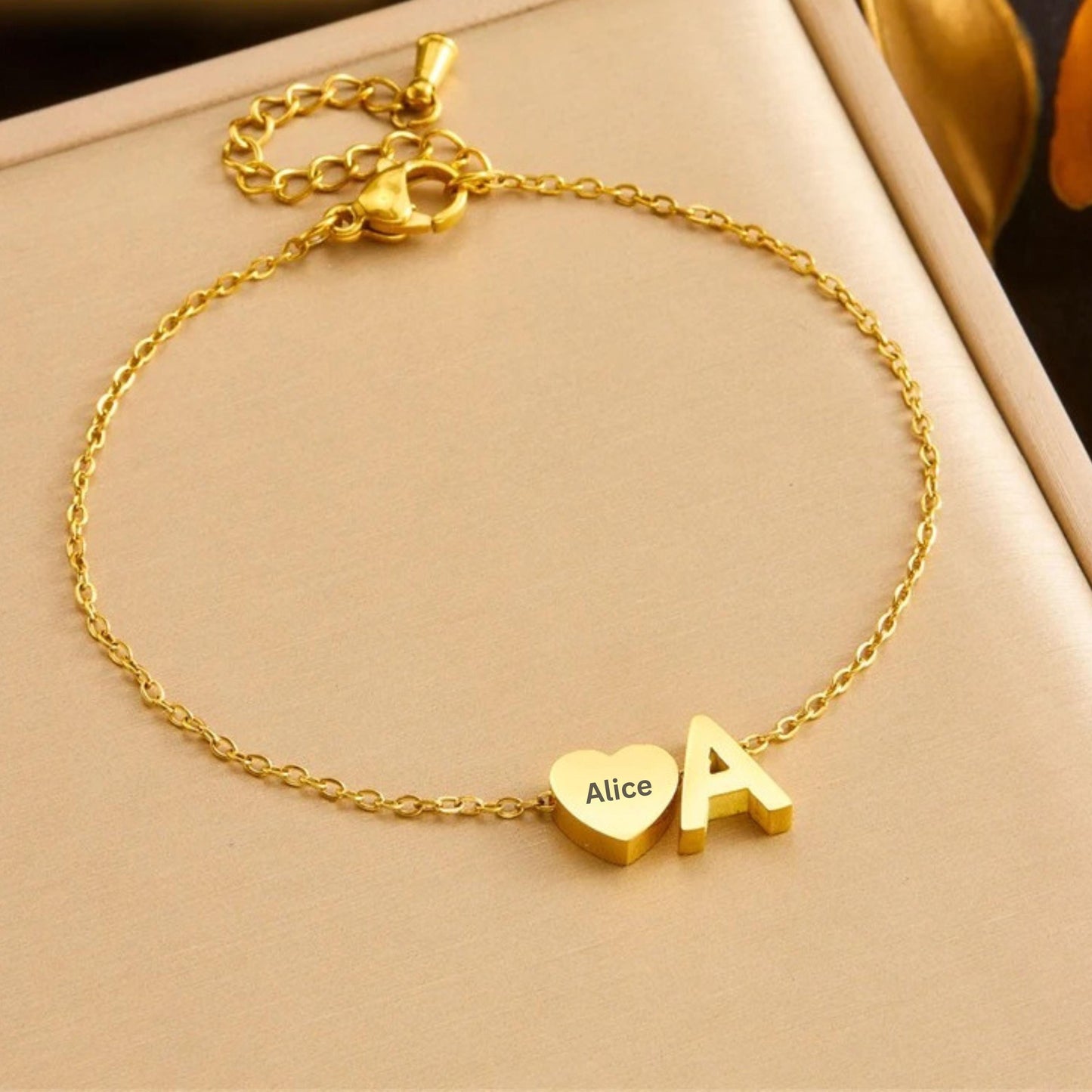 Personalized Initial Bracelet, Custom Initial Charm & Engraved Heart Pendant, Name Bracelet, Dainty Jewelry, Custom Gift for Her