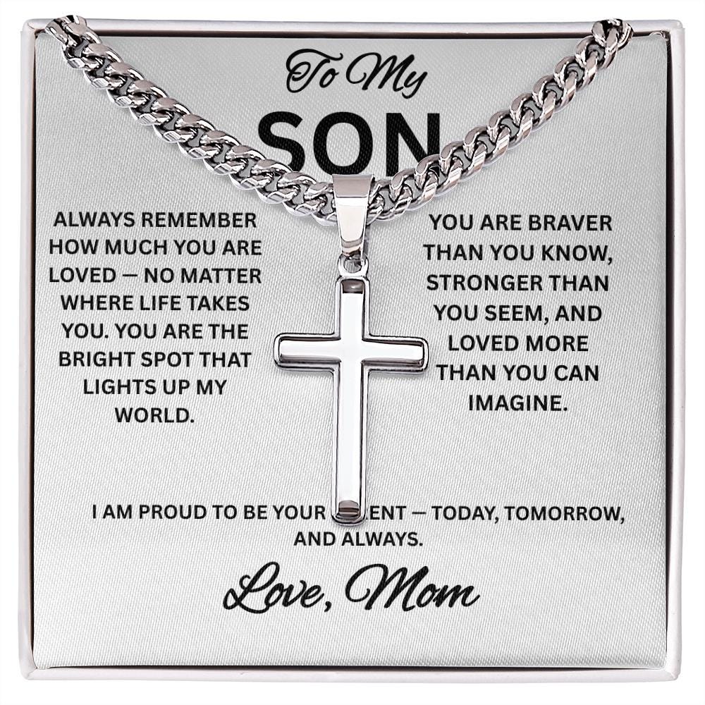 To My Son Necklace gift with box, Cross Cuban Link Necklace with Luxury Box for Son from Mom, Men's Jewelry gift for him