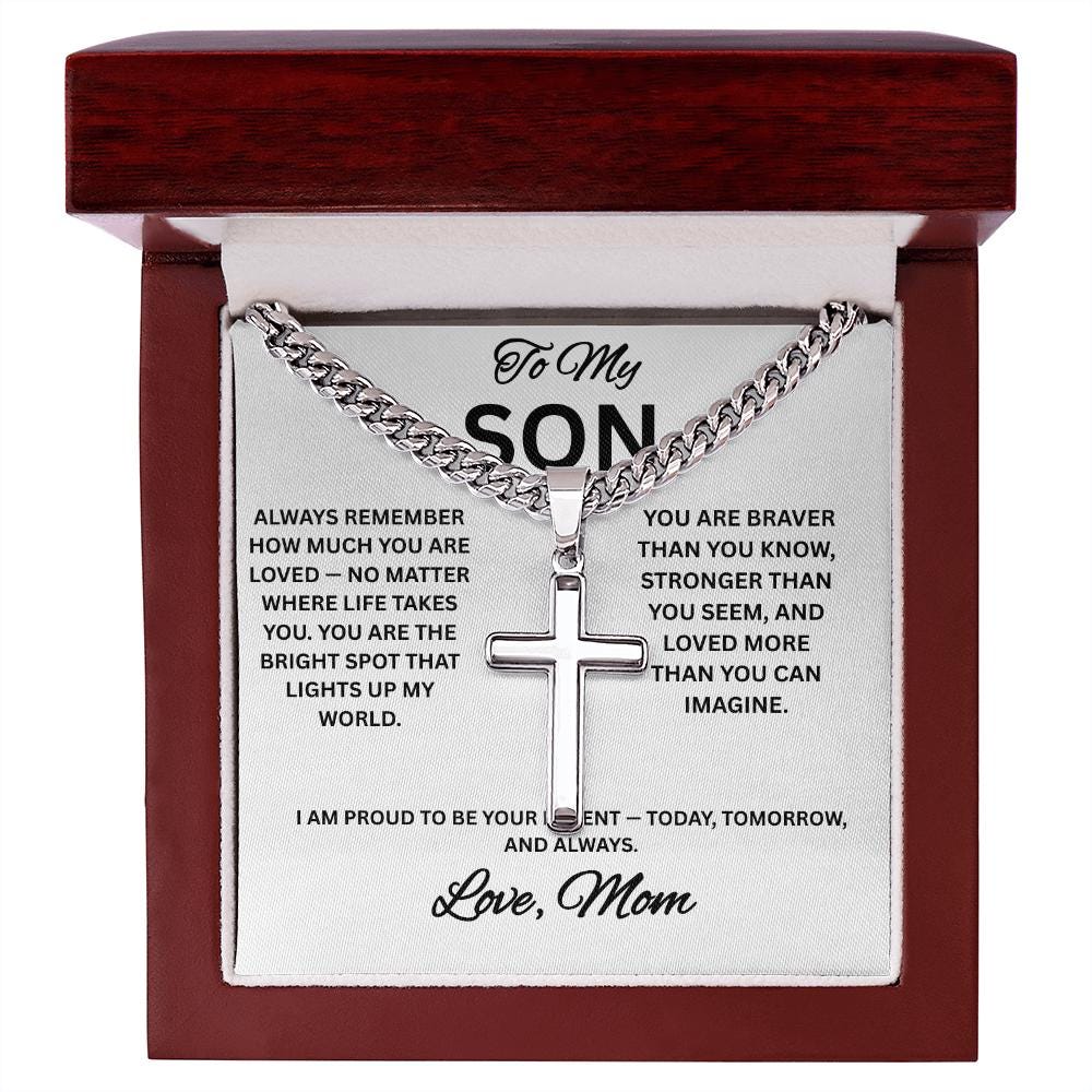 To My Son Necklace gift with box, Cross Cuban Link Necklace with Luxury Box for Son from Mom, Men's Jewelry gift for him