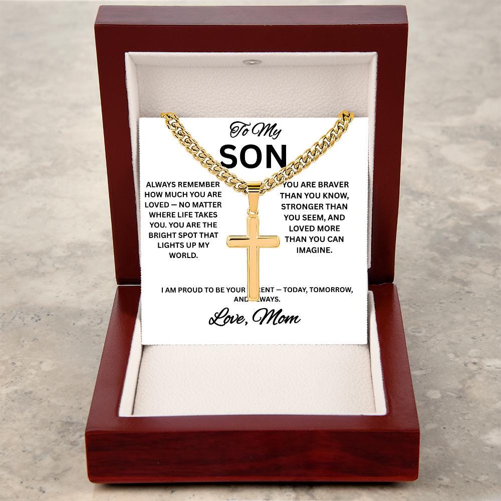 To My Son Necklace gift with box, Cross Cuban Link Necklace with Luxury Box for Son from Mom, Men's Jewelry gift for him