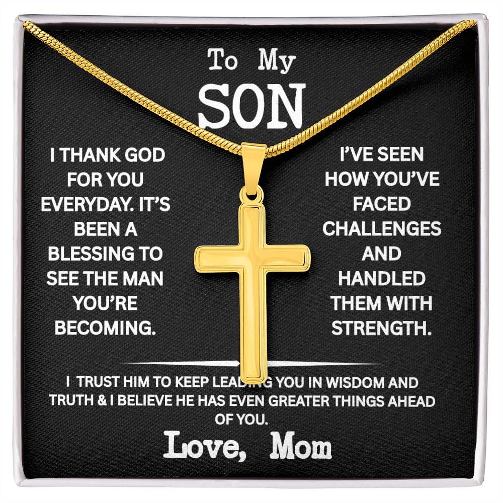 To My Son Necklace with Gift Box, Cross necklace for Son from Mom, Men's Jewelry