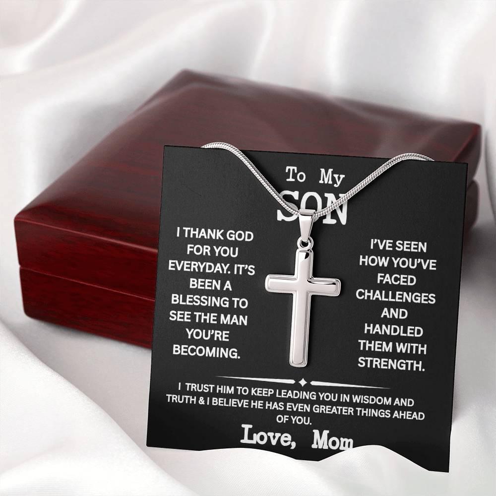 To My Son Necklace with Gift Box, Cross necklace for Son from Mom, Men's Jewelry