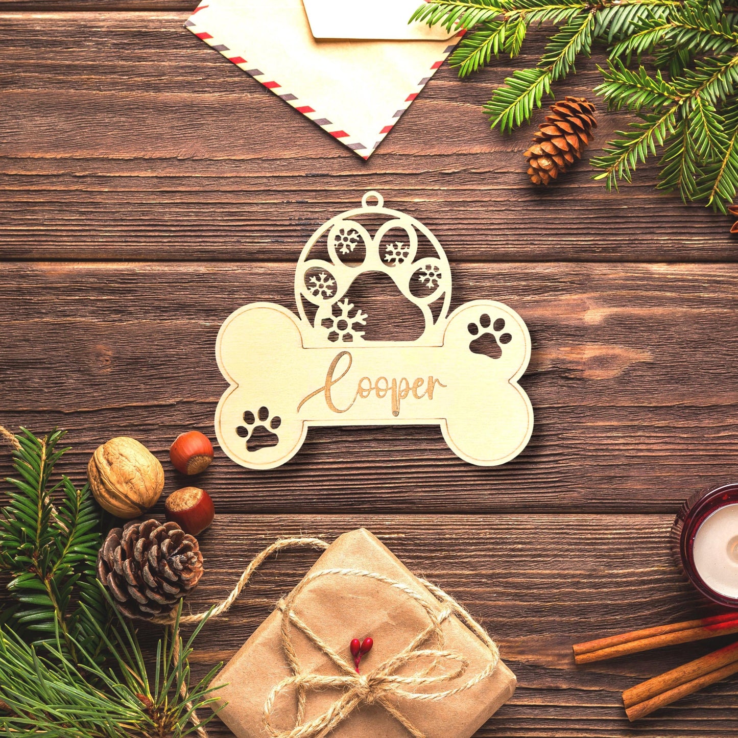 Custom Dog Paw Ornament, Cat Dad Gift, Wooden Pet Name Christmas Ornament, Personalized Dog Memorial Keepsake, Gift for Dog Mom