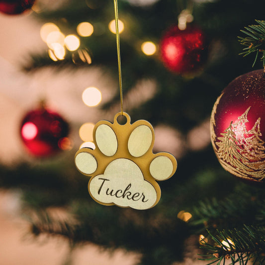 Personalized Pet Paw Ornament, Custom Dog or Cat Name Christmas Ornament, Wooden Pet Memorial Keepsake, Gift for Pet Lovers