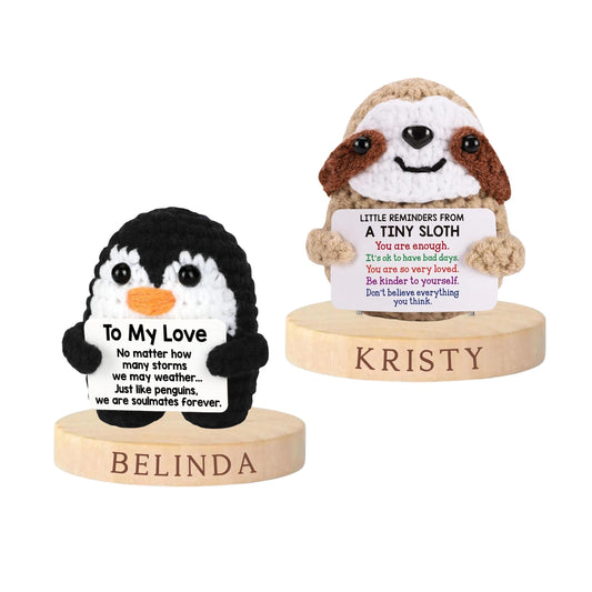 Emotional Support Crochet Doll with Personalized Wooden Stand, Cute Crochet Sloth Plush Gift, Positive Affirmation Gift, Desk Decor, Her Unique Gift