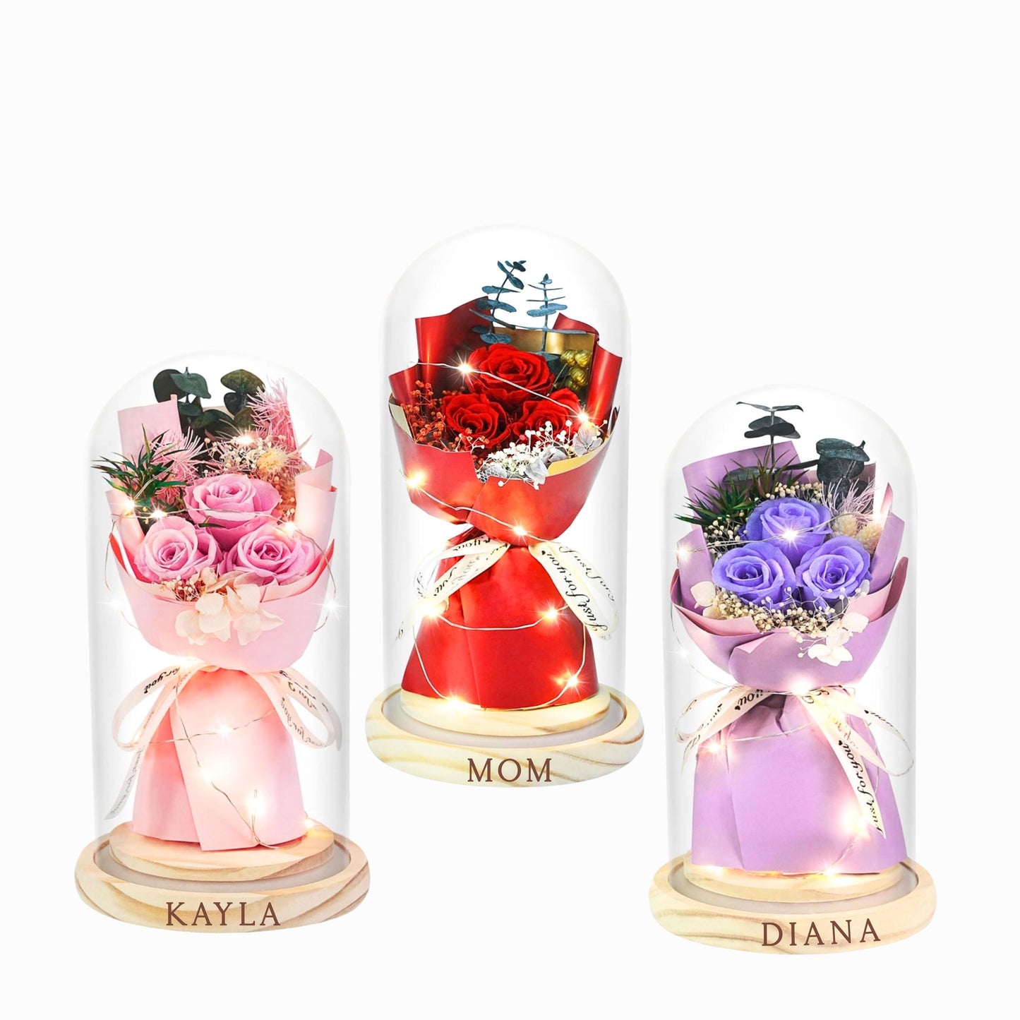 Preserved Rose in Glass Dome with LED Light, Personalized Wooden Base, Forever Roses Gift for Mom, Wife, Birthday, Anniversary, Christmas