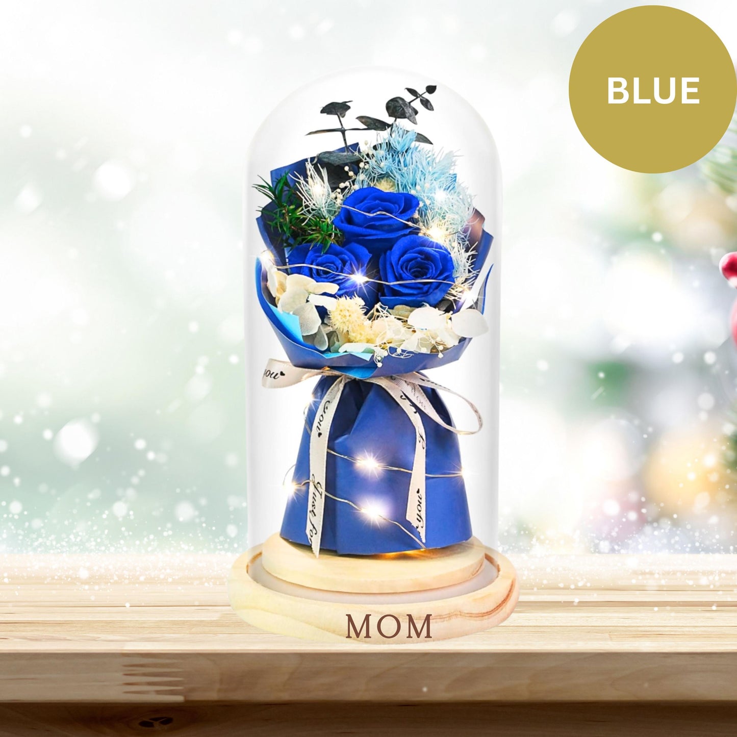 Preserved Rose in Glass Dome with LED Light, Personalized Wooden Base, Forever Roses Gift for Mom, Wife, Birthday, Anniversary, Christmas