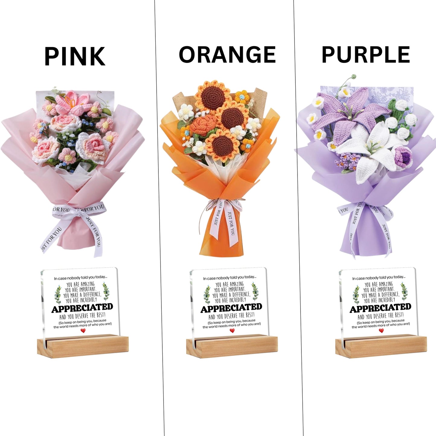 Custom Crochet Flower Bouquet with Engraved Desk Sign, Crochet Floral Gift with Personalized Wooden Base, Christmas Gift for Mom Sister GF