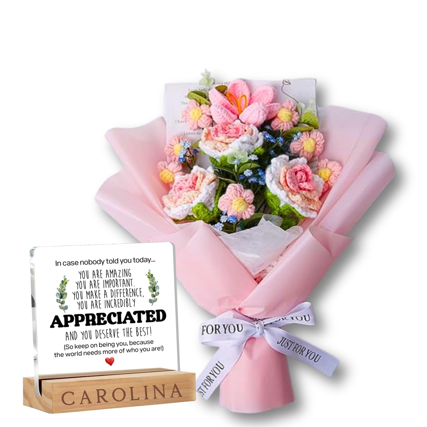 Custom Crochet Flower Bouquet with Engraved Desk Sign, Crochet Floral Gift with Personalized Wooden Base, Christmas Gift for Mom Sister GF