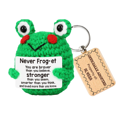Personalized Emotional Support Crochet Frog, Custom Engraved Wooden Keychain, Handmade Animal Plush Desk Buddy, Stress Relief Selfcare Gift