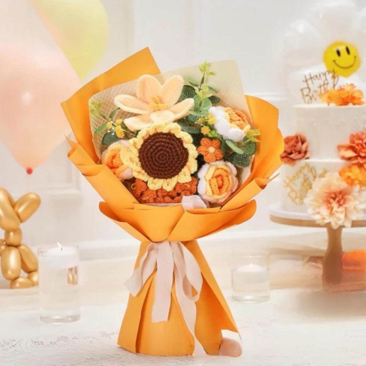 Crochet Flower Bouquet with Custom Motivation Desk Plaque, Crochet Floral Gift with Personalized Wood Base, Gift for Coworker Sister Friend