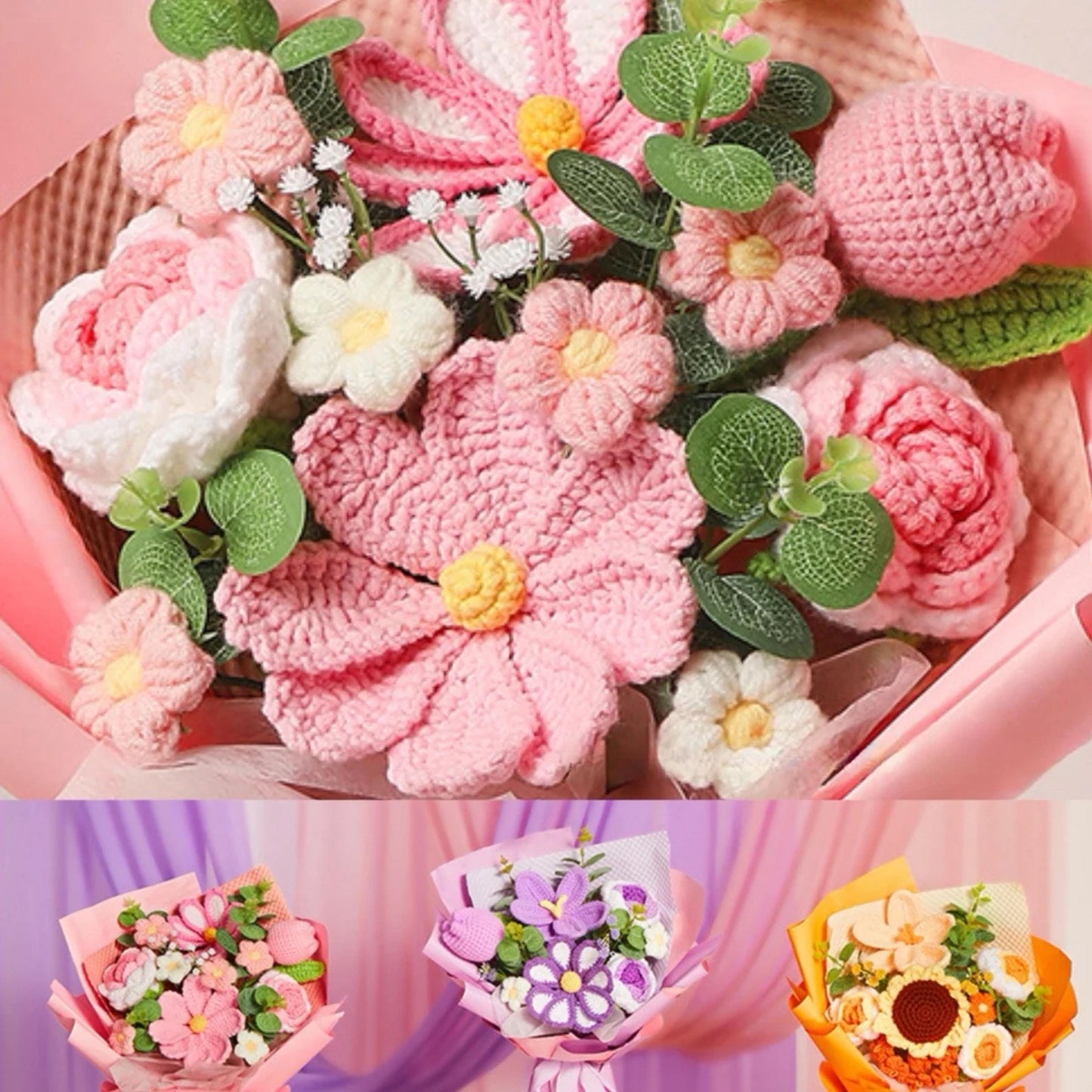 Custom Crochet Flower Bouquet with Little reminders Desk Plaque, Crochet Floral Gift with Personalized Wooden Base, Gift for Daughter Sister