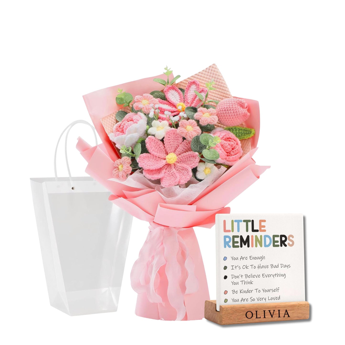 Custom Crochet Flower Bouquet with Motivation Desk Plaque, Crochet Floral Gift with Personalized Wooden Base, Gift for Daughter Sister