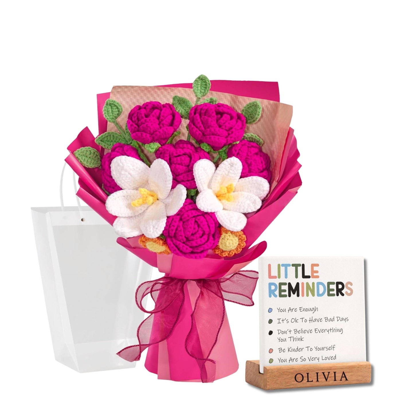 Custom Crochet Flower Bouquet with Little reminders Desk Plaque, Crochet Floral Gift with Personalized Wooden Base, Gift for Daughter Sister