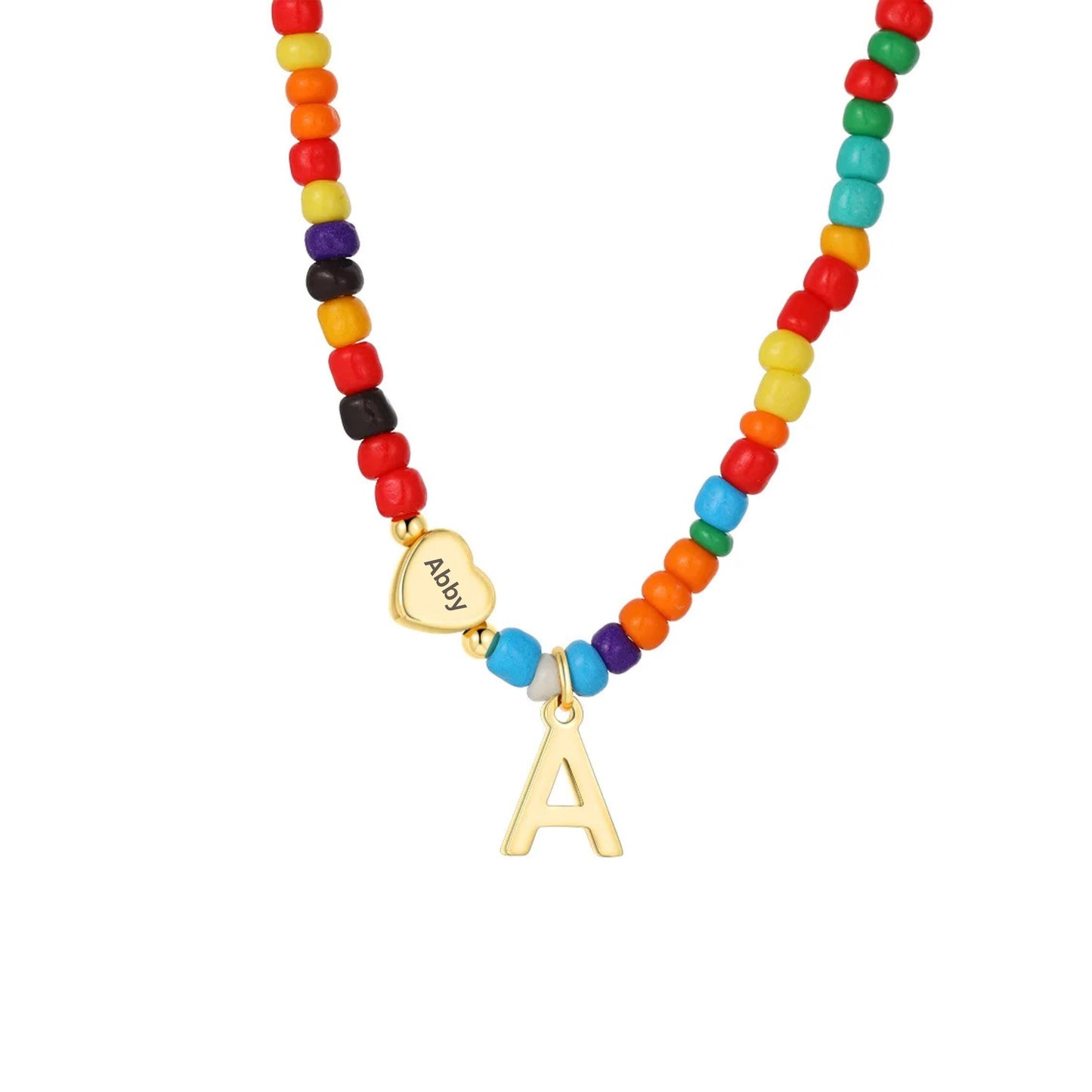 Colorful Beaded Initial Necklace with Engraved Heart Pendant, Custom Name or Date Necklace, Personalized Charm Jewelry, Trendy Gift for Her