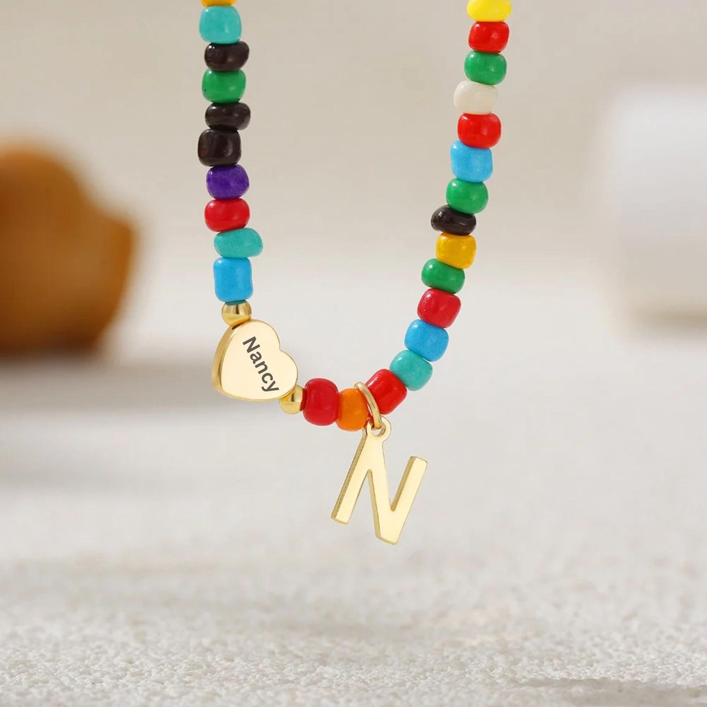 Colorful Beaded Initial Necklace with Engraved Heart Pendant, Custom Name or Date Necklace, Personalized Charm Jewelry, Trendy Gift for Her