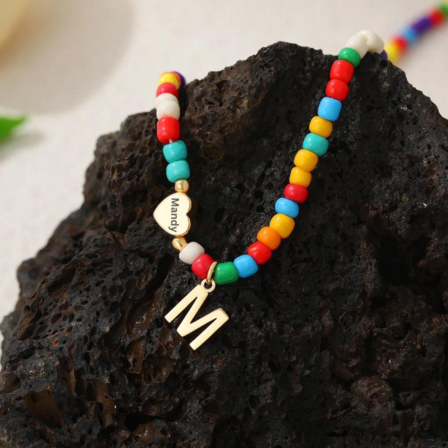 Colorful Beaded Initial Necklace with Engraved Heart Pendant, Custom Name or Date Necklace, Personalized Charm Jewelry, Trendy Gift for Her