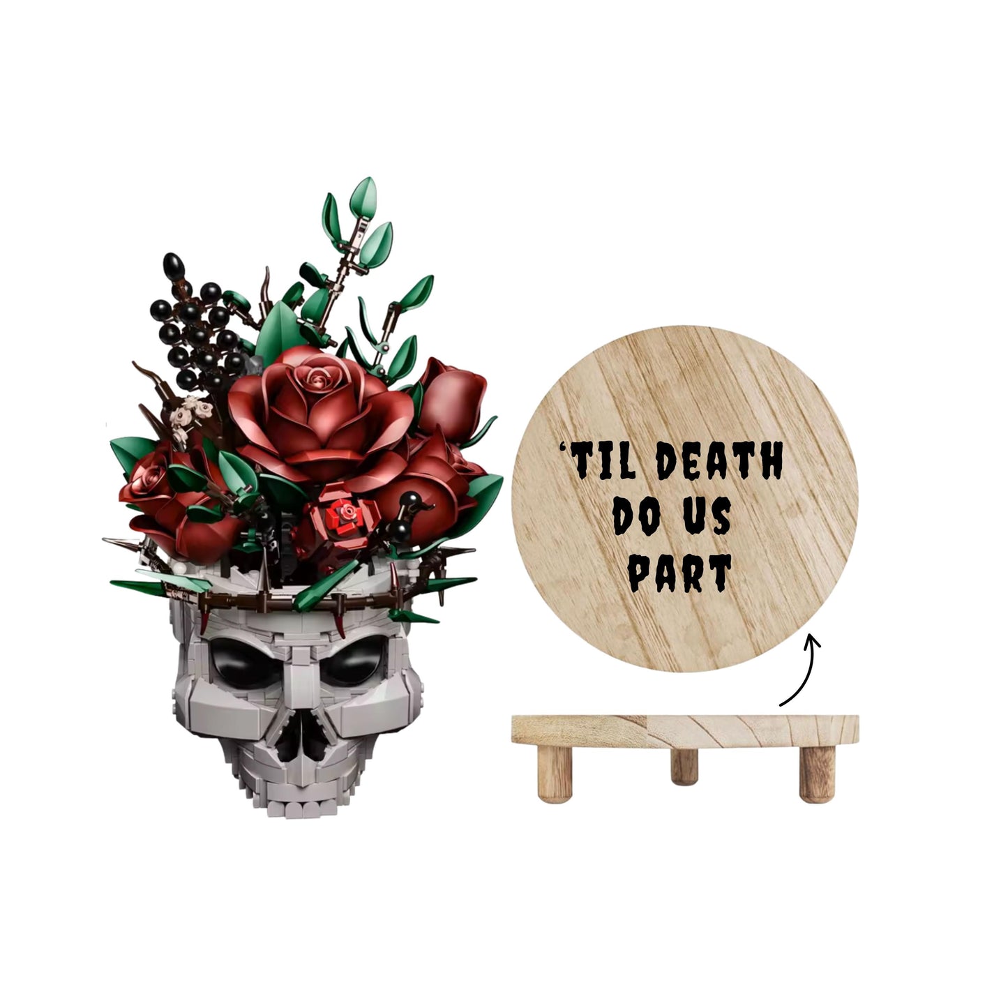 Custom Skull Rose Bouquet Building Set with Engraved Coffin Shaped Wood Ornament with twine  Gothic Halloween Decor, Till Death Do Us Part