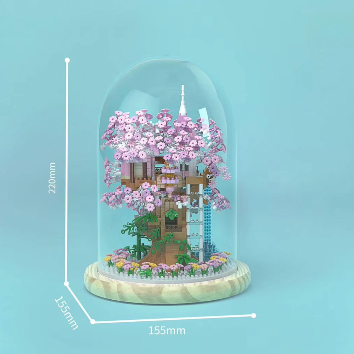 Cherry Blossom Tree House Building Set with Personalized Wooden Base Artificial Flowers Kit with Lights & Dome Cover