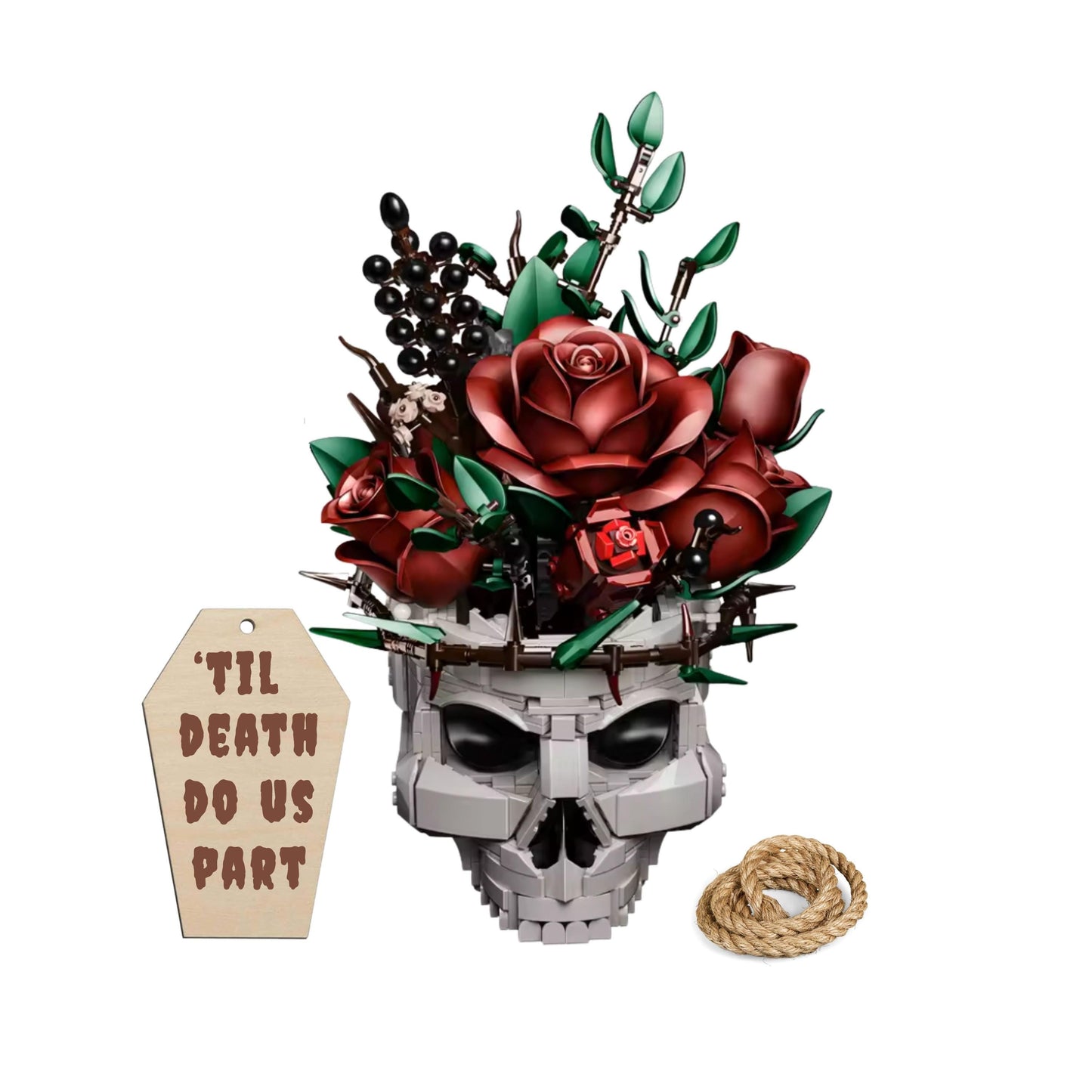 Skull Rose Bouquet Building Set with Personalized Engraved Wooden Stand  Gothic Halloween Wedding Decor, Till Death Do Us Part Gift