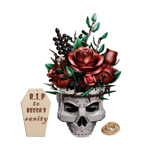 Personalized Skull Rose Bouquet Building Set with Coffin Shaped Wood Ornament & twine  Gothic Halloween Decor, Till Death Do Us Part