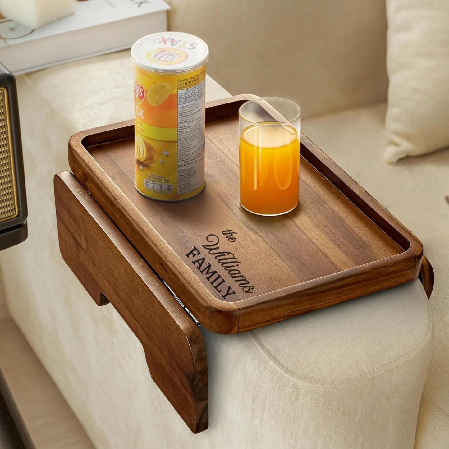 Custom Engraved Wooden Sofa Armrest Tray, Personalized Couch Cup Holder Table, Armrest Organizer Gift for Mom, Birthday Gift for Dad