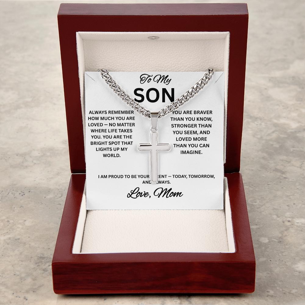 To My Son Necklace gift with box, Cross Cuban Link Necklace with Luxury Box for Son from Mom, Men's Jewelry gift for him