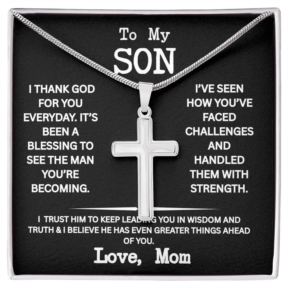 To My Son Necklace with Gift Box, Cross necklace for Son from Mom, Men's Jewelry