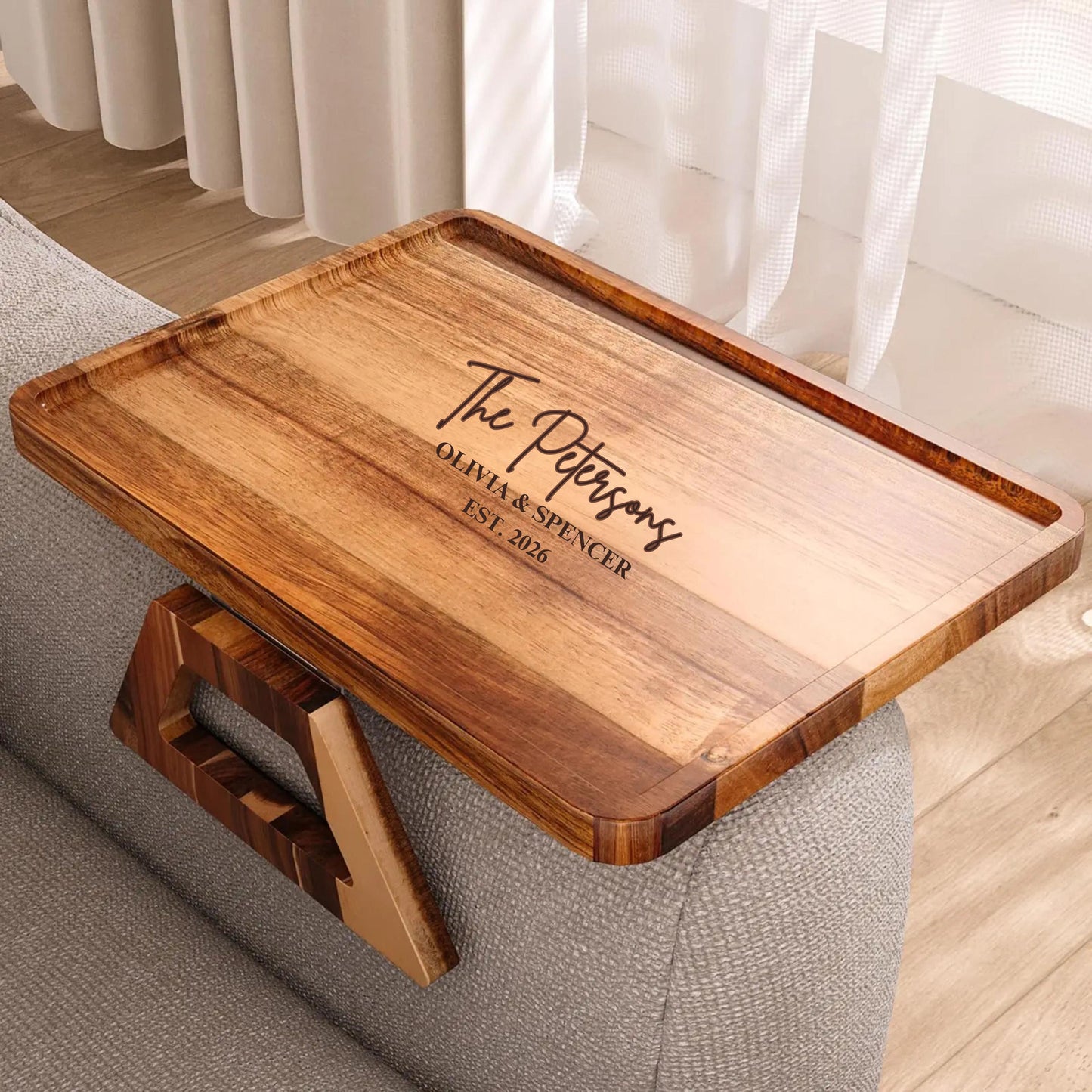 Custom Engraved Wooden Sofa Armrest Tray, Personalized Couch Arm Table for Drink & Snack, Foldable Couch Tray, Gift for Couple Home Lovers