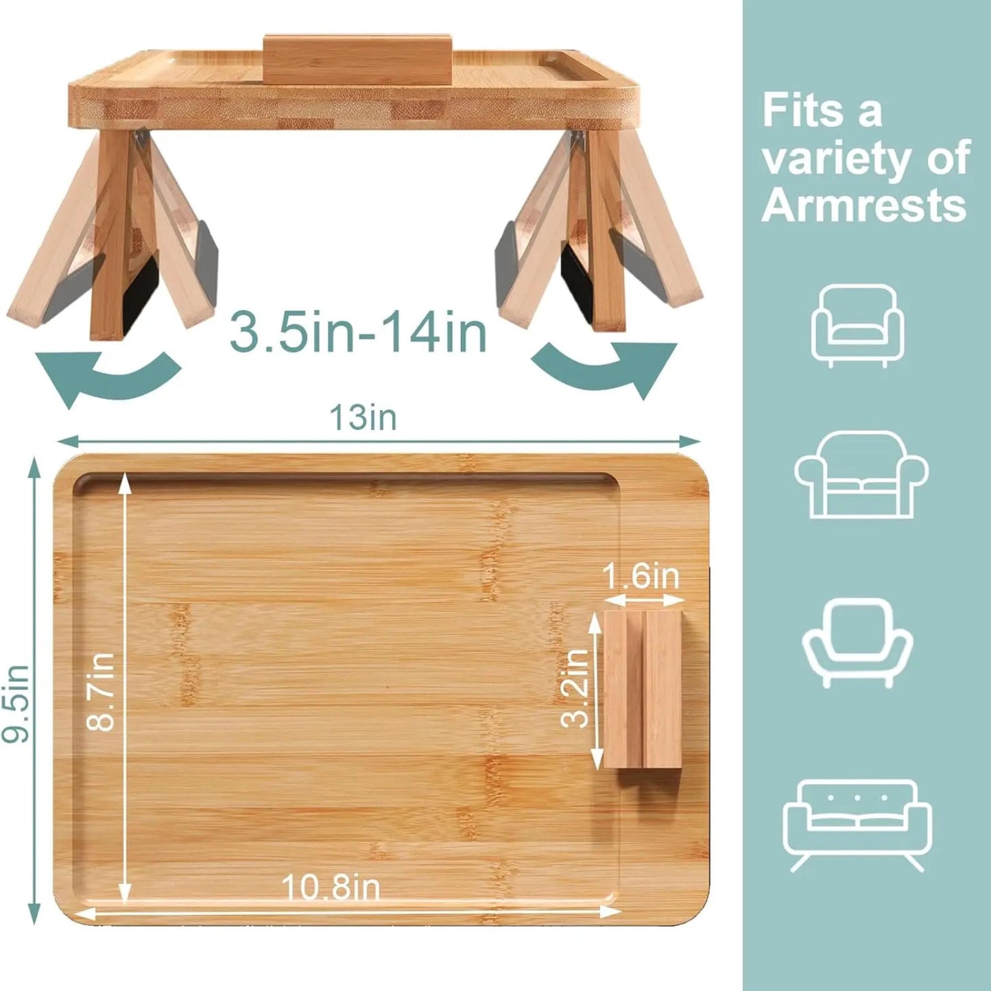 Custom Engraved Bamboo Sofa Armrest Tray with Phone Holder, Personalized Couch Cup Holder & Snack Table, Unique Gift for Couple and Family