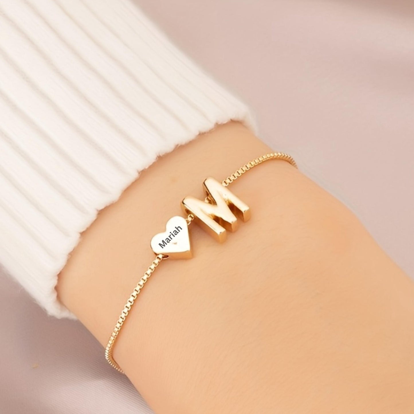 Personalized Initial Bracelet, Custom Initial Charm & Engraved Heart Pendant, Name Bracelet, Dainty Jewelry, Custom Gift for Her