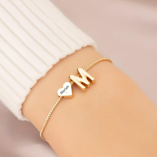 Personalized Initial Bracelet, Custom Initial Charm & Engraved Heart Pendant, Name Bracelet, Dainty Jewelry, Custom Gift for Her