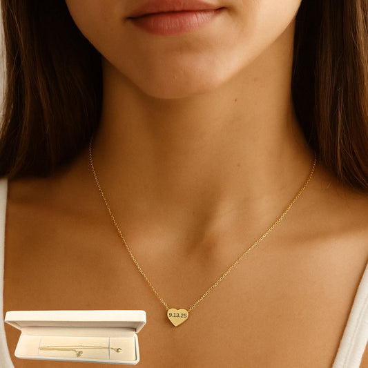 Personalized Heart Necklace with date, Custom name Pendant, Initial Necklace, Gold Heart Pendant with Gift Box, Anniversary Jewelry